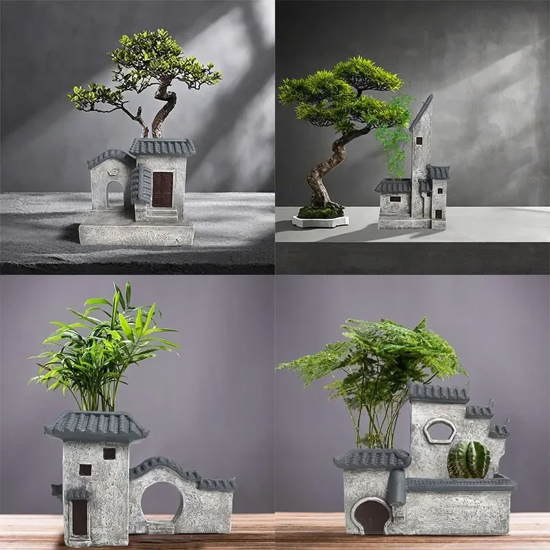 Chinese Style Huizhou Resin Craftsmanship Flower Pot Creative Jiangnan Architecture Desktop Decoration Bamboo Landscape PotZI873