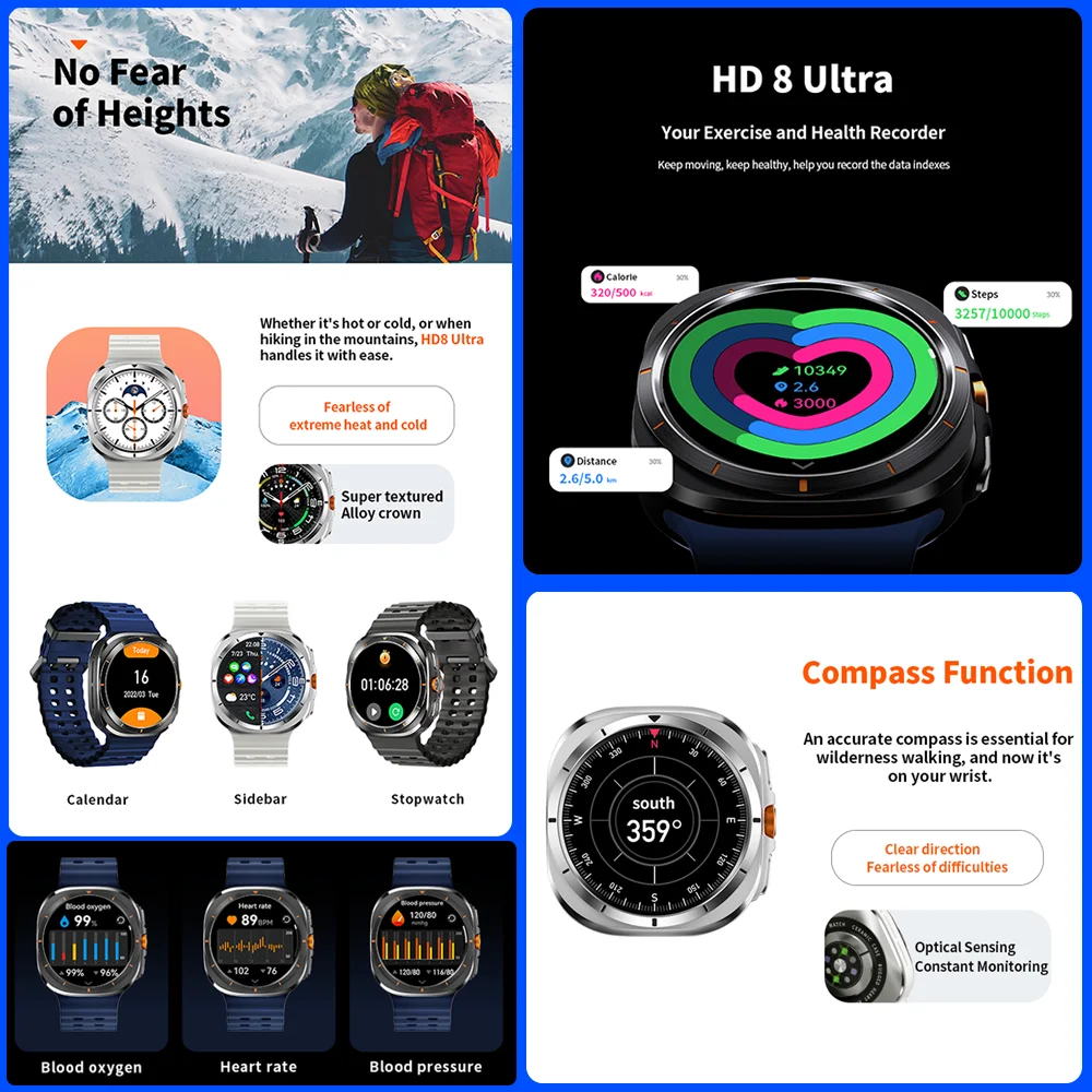 2026 ساعة جديدة 8 الترا الرياضة ساعة ذكية الرجال AMOLED HD شاشة NFC GPS البوصلة معدل ضربات القلب مقاوم للماء بلوتوث دعوة SmartWatch