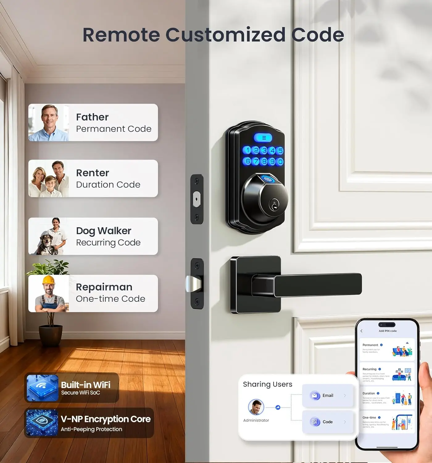 VE012W-L قفل ذكي مدمج ببصمة الإصبع WiFi مع مجموعة مقبض رافعة، جهاز تحكم عن بعد للتطبيق، دخول بدون مفتاح للباب الأمامي، تخفيضات كبيرة