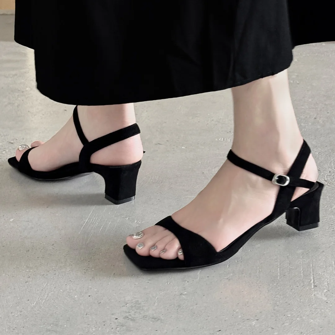 

Women's natural suede leather narrow band ankle strap sandals 5cm thick med heel elegant ladies summer slim dress pumps shoes