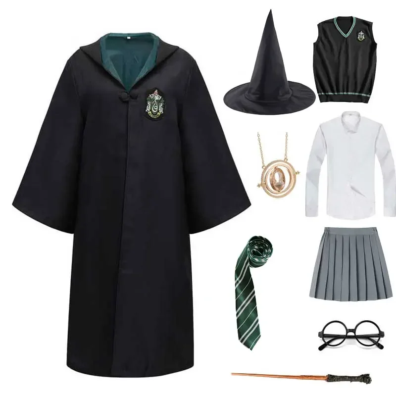 Women Girls Witchcraft Cosplay Kids Adult Magic School Uniform Wizard House Robe Sweater Scarf Tie Halloween Costume