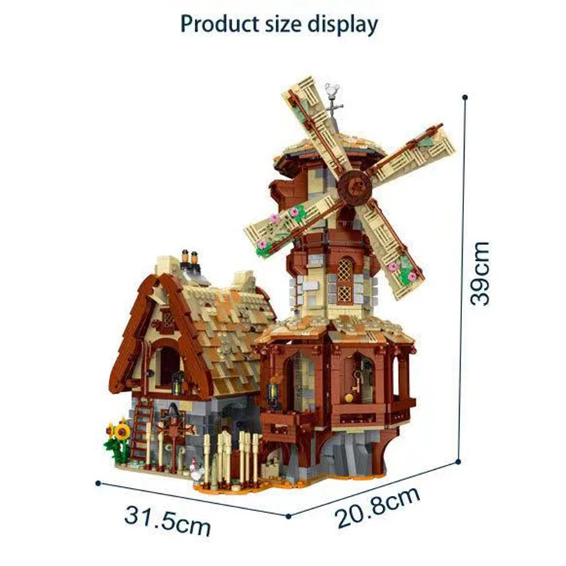 2808 Stück die mittelalter liche Windmühle Stadt Markt Schmiede Stadt Retro Haus Straßen ansicht blockiert Modellbau Spielzeug Ziegel für Kinder Geschenk