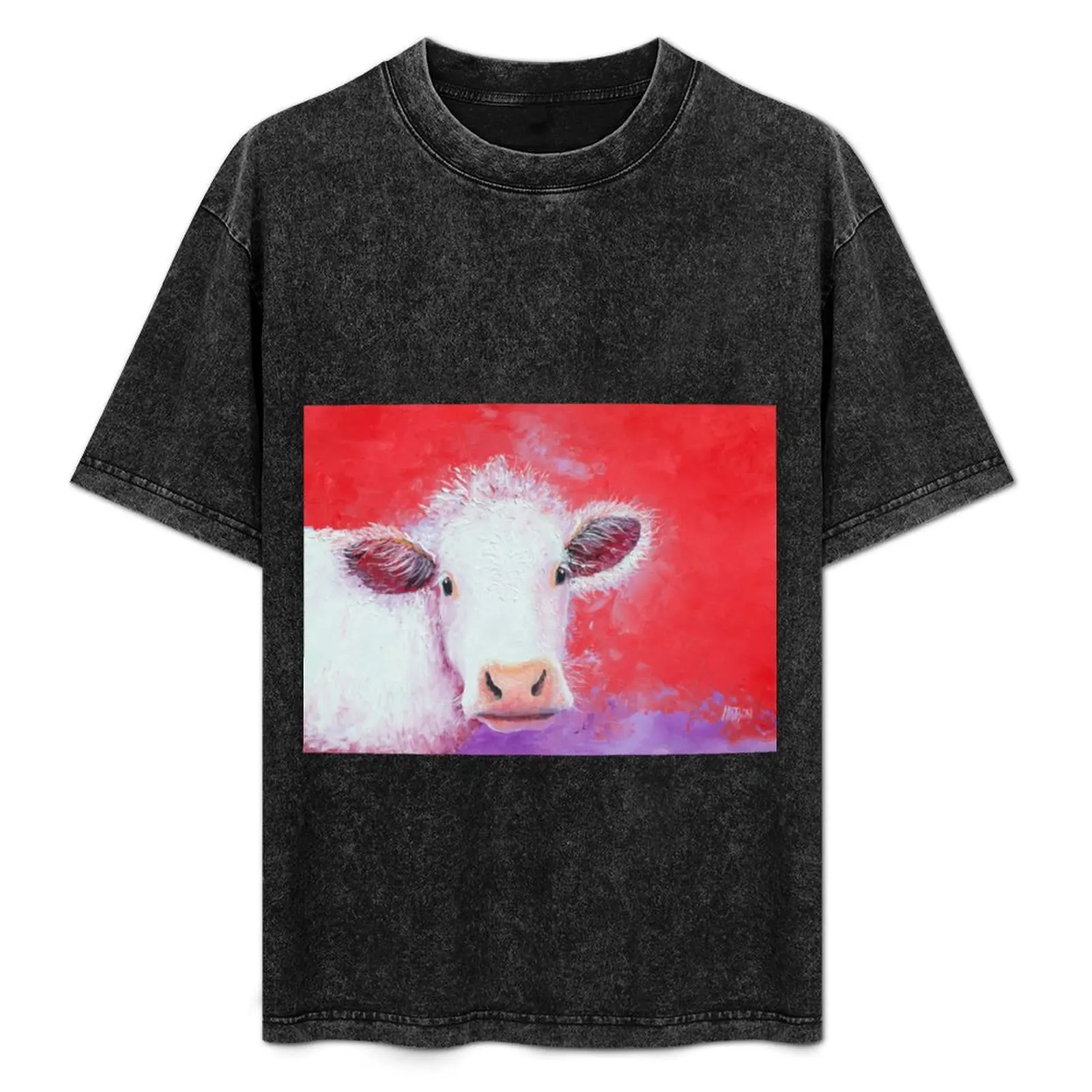 

White Cow painting on red background T-Shirt oversizeds summer top baggy shirts mens t shirts top quality