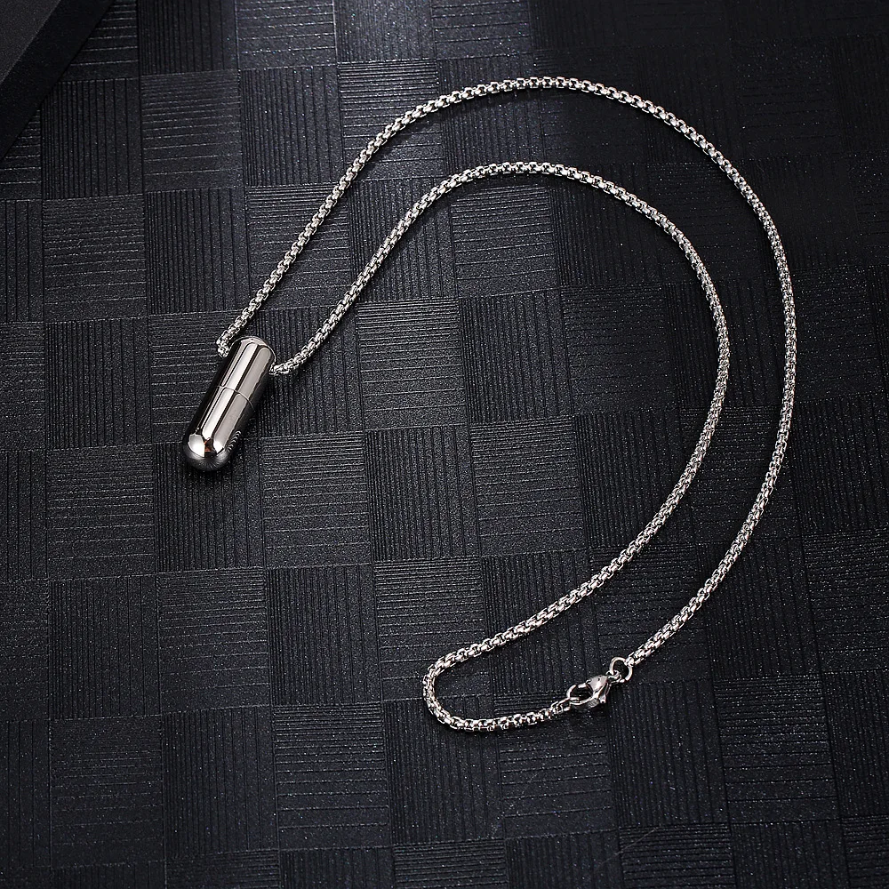 Stainless Steel Cremation Pill Ash Pendant Necklace Fashion Men Jewelry Keepsake Gift For Him