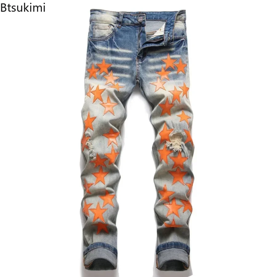 2025 New Fashion Men\'s High Street Stars Patchwork Jeans Slim Stretch Holes Ripped Denim Pants Streetwear Distressed Jeans Male