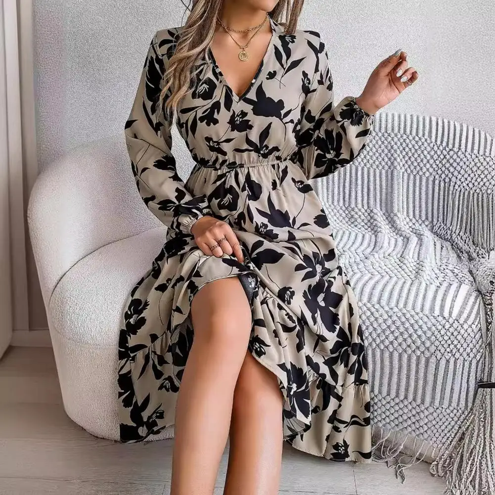 Lady Spring Fall Dress V Neck Floral Print Long Sleeves High Tight Waist A-line Flowy Ruffle Hem Dating Shopping Midi Dress