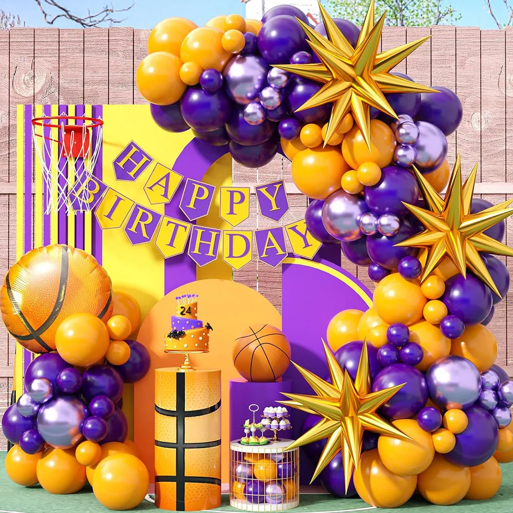 Basketball Balloon Arch Set,101pcs Yellow Purple Balloons 4D Starburst Basketball Foil Balloons Latex Metal Sport Theme All Star BirthDay Shower GraDuation Party Decor Home OutDoor