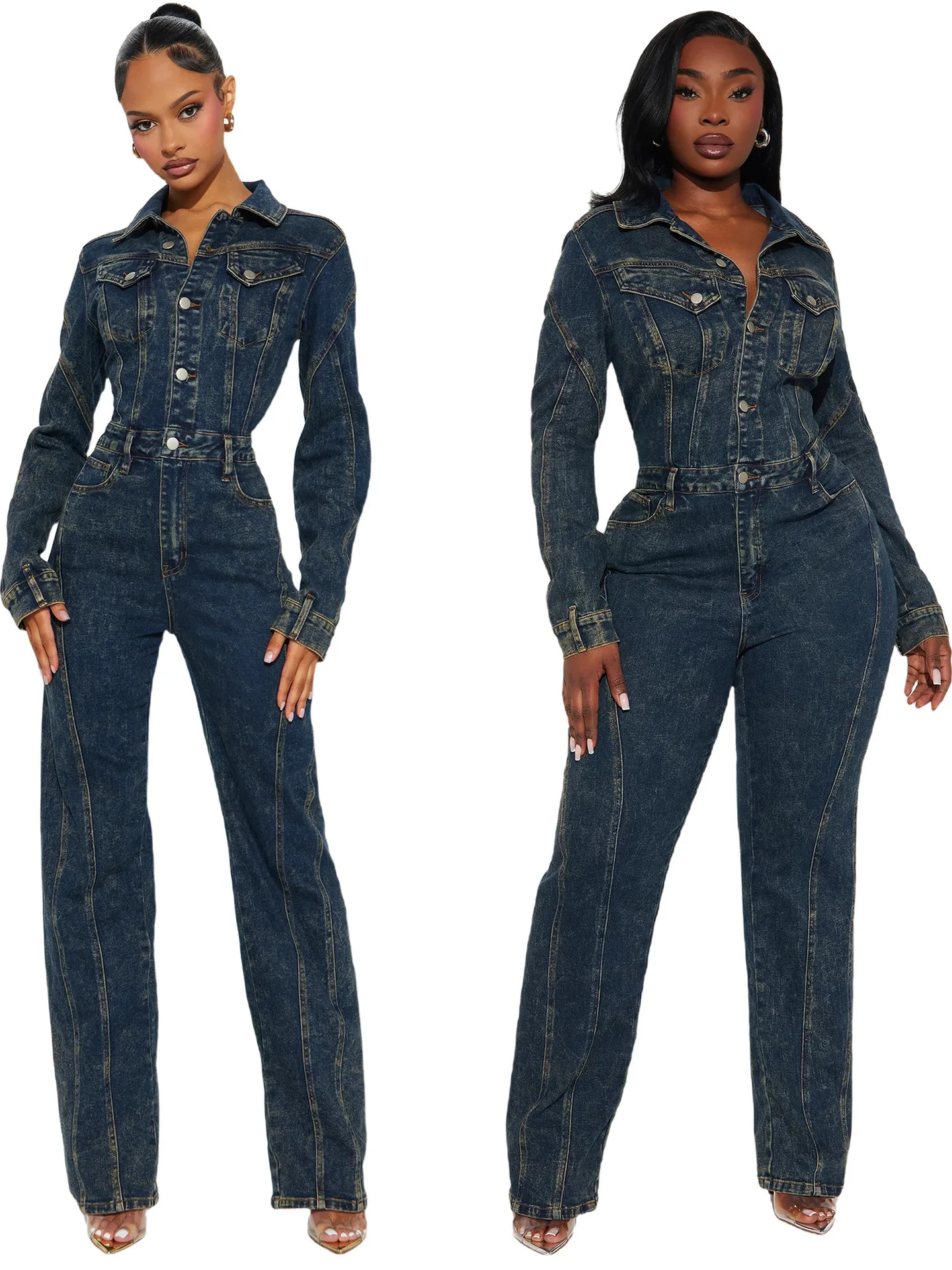

Women's Long Sve Denim Bodysuit Patchwork Jeans Jumpsuit mid Waist Pants Chinese Manufacturer Regular Thin Spring Season