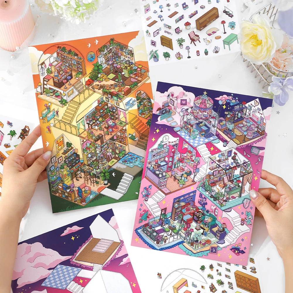 Plus Size Kawaii 3D Cartoon My Cabin Miniature Scene Stickers Visual Stacking Three dimensional Stickers Children Festival Gift