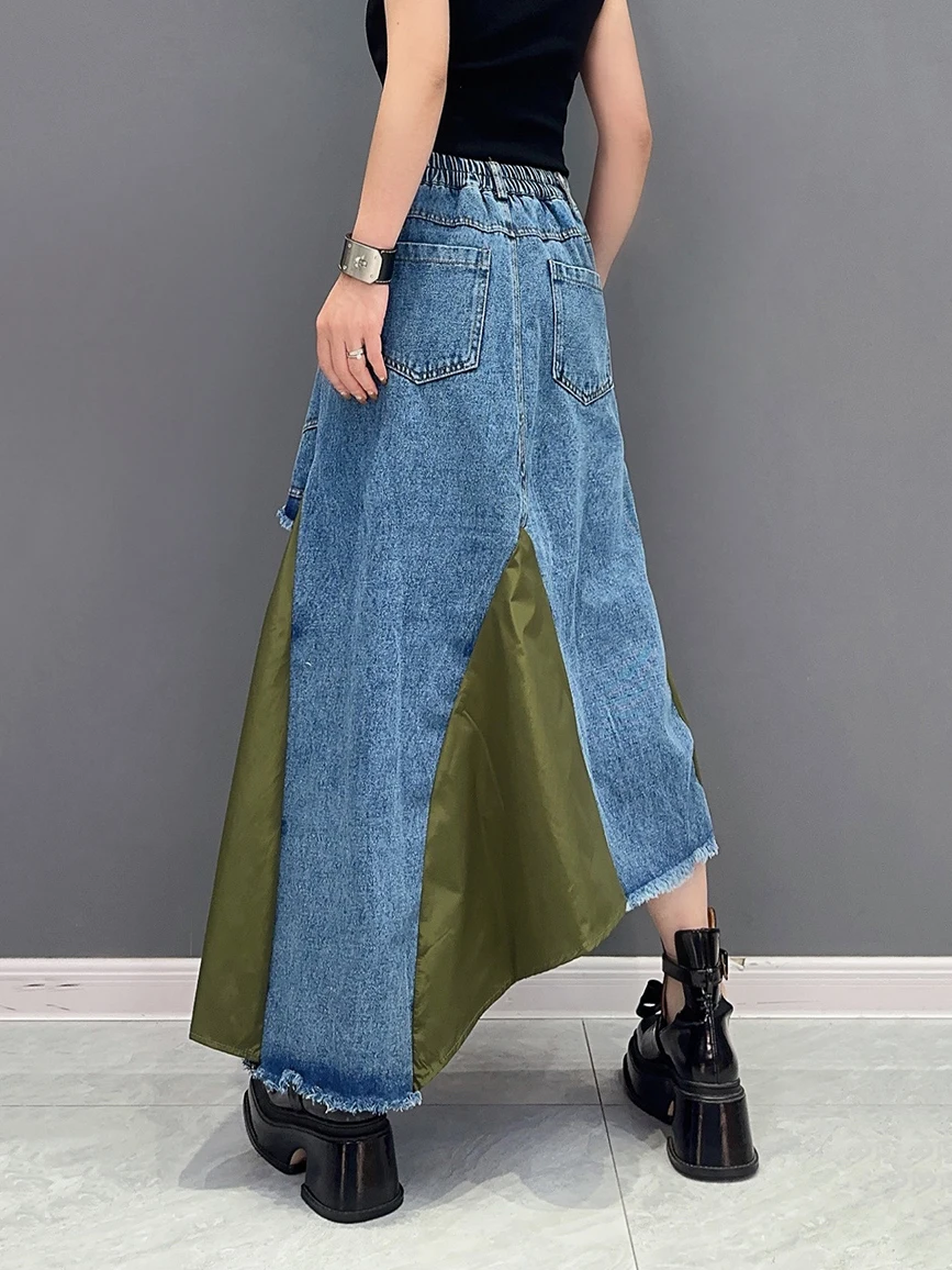 230864 High Elastic Waist Black Denim Irregular Color-block Half-body Skirt Women Fashion Tide New Spring Autumn 2024