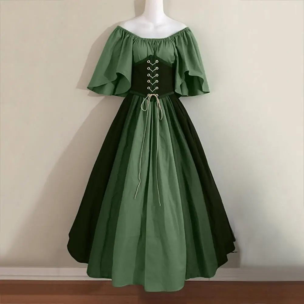 Europe and the United States medieval vintage color patchwork flying sleeve lace-up waist full skirt one-line shoulder dress