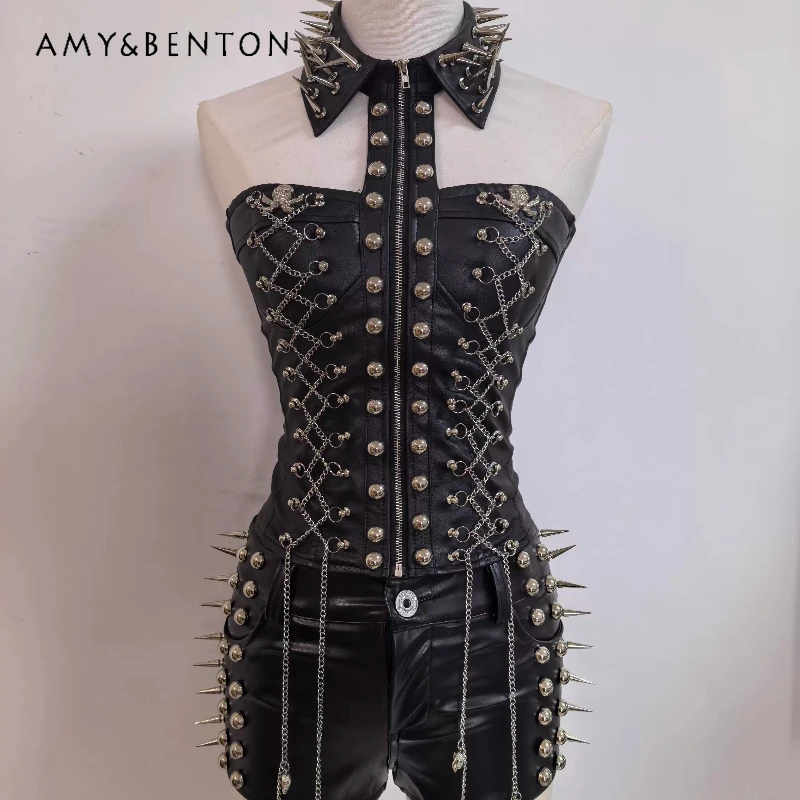 

Gothic Punk Dark Rivet Chain PU Leather Women's Top 2025 Autumn Winter New Sweet Cool Sexy Fashion PU Leather Shorts Set Ladies