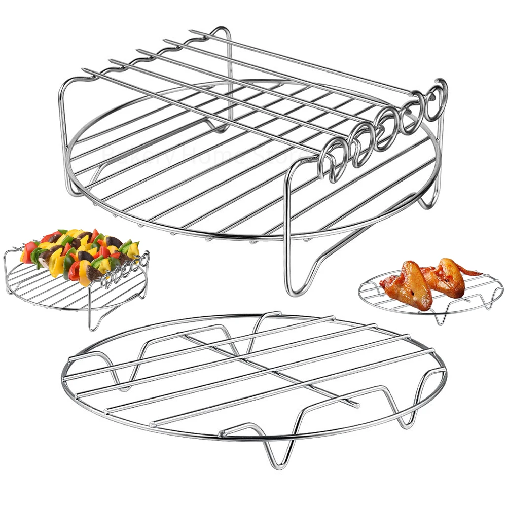 

2Pcs Air Fryer Rack Multipurpose Double Layer Racks with 5 Skewers 8inch Stainless Steel Round Grill Pan Airfryer Accessories