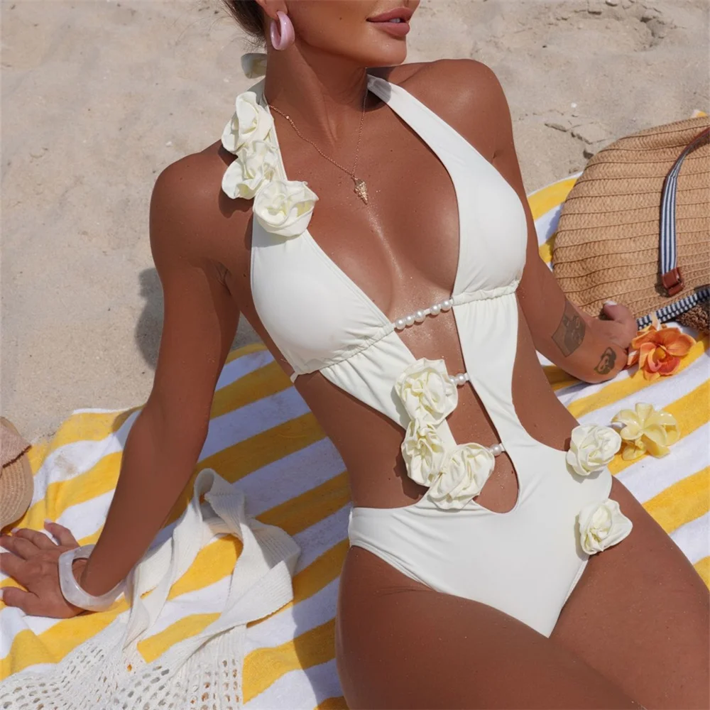 مثير الجوف بيكيني ثلاثية الأبعاد الأزهار قطع Monokini عارية الذراعين الدانتيل يصل البيكينيات مجموعات مطرز ملابس السباحة النساء عطلة ملابس الشاطئ الزي #4