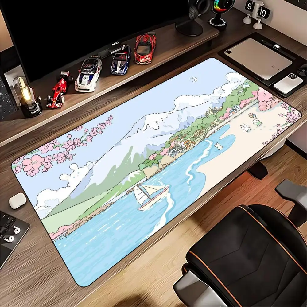 Cute Bunny Floral Large Gaming Mouse Pad Spring Garden Cartoon Pattern Non‑Slip Rubber Extended Desk Keyboard Mat for Girls 