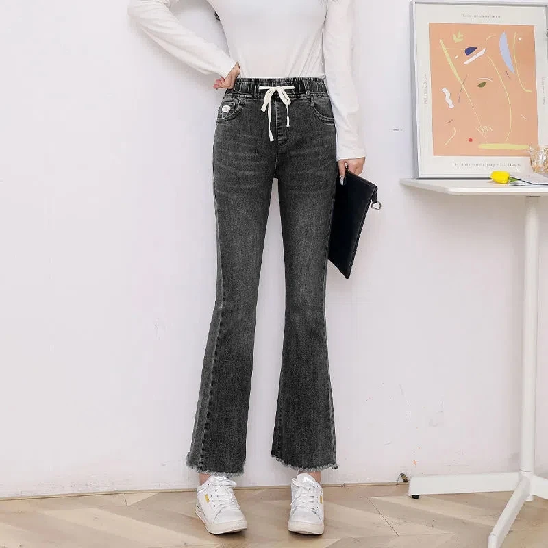 Jeans svasati alla caviglia alla moda coreana Jeans donna con lacci elastici a vita alta Skinny a zampa d'elefante pantaloni Casual Slim in Denim Vaqueros