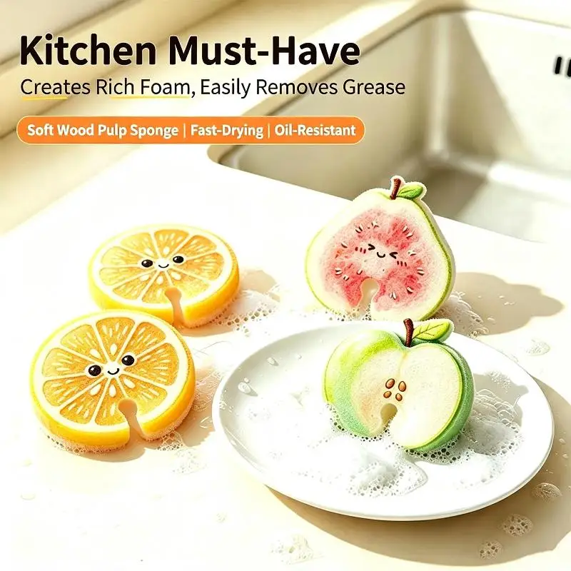 New Cute Fruit Shaped Wood Pulp Dish Sponges Rich Lather Non Stick Oil Perfect For Kitchen Dishwashing Home Cleaning