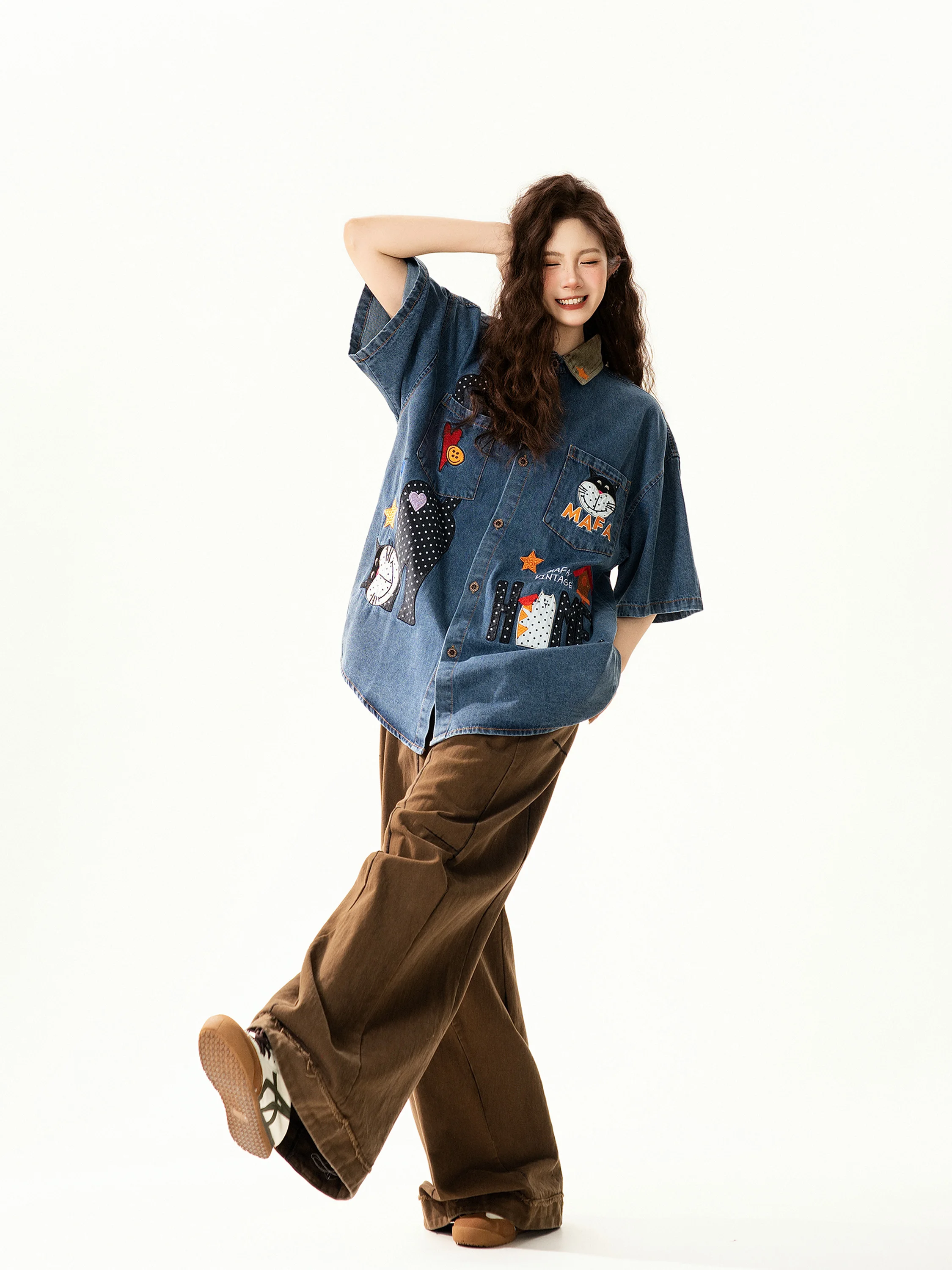 

Retro American Embroidery Denim ort Sve irt Women's Casual Loose Fit Trendy Button up Casual irt Street Sle