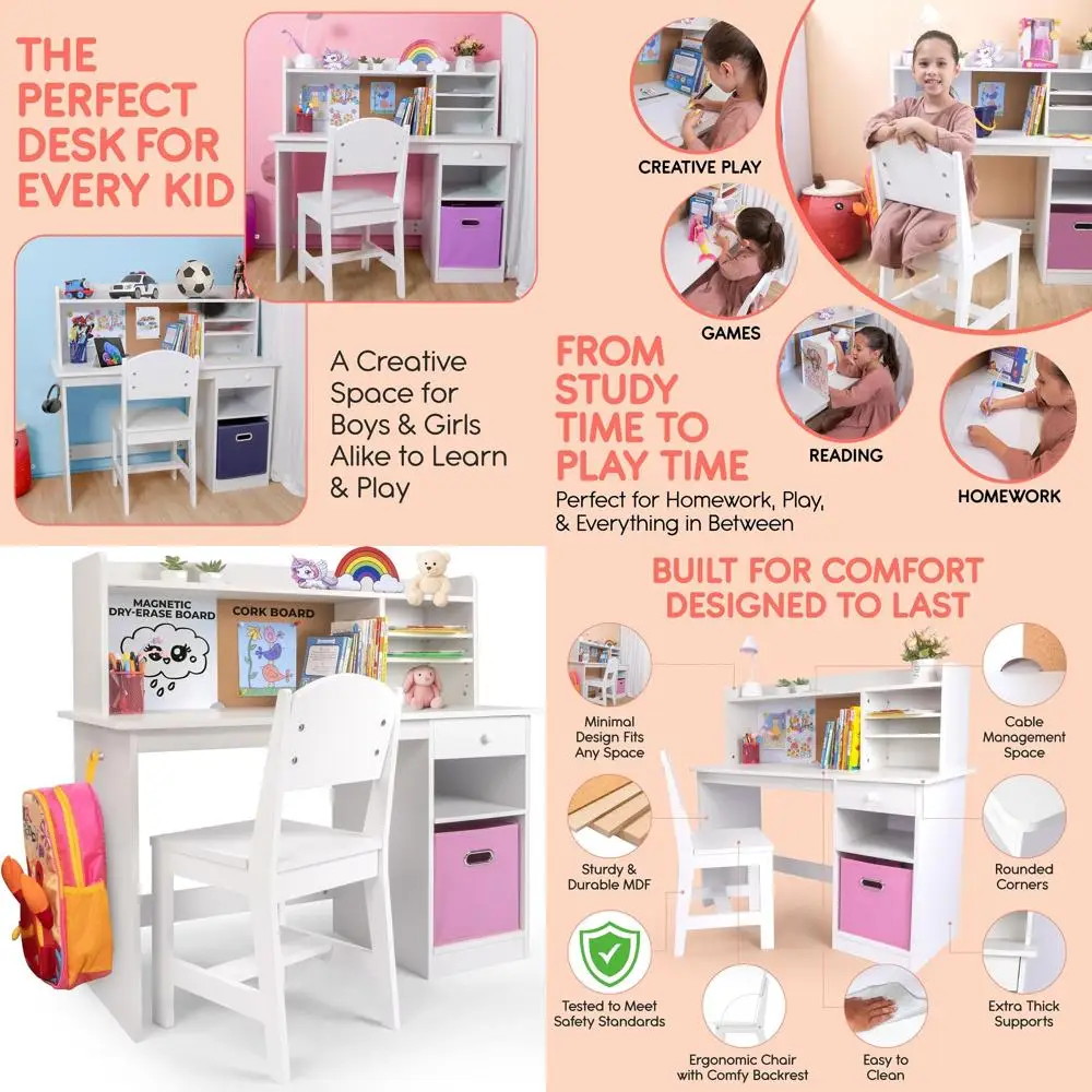 

Деревянный письменный стол и стул для детей 5-12 лет с ящиками для хранения и полкой для уроков и работы за компьютером