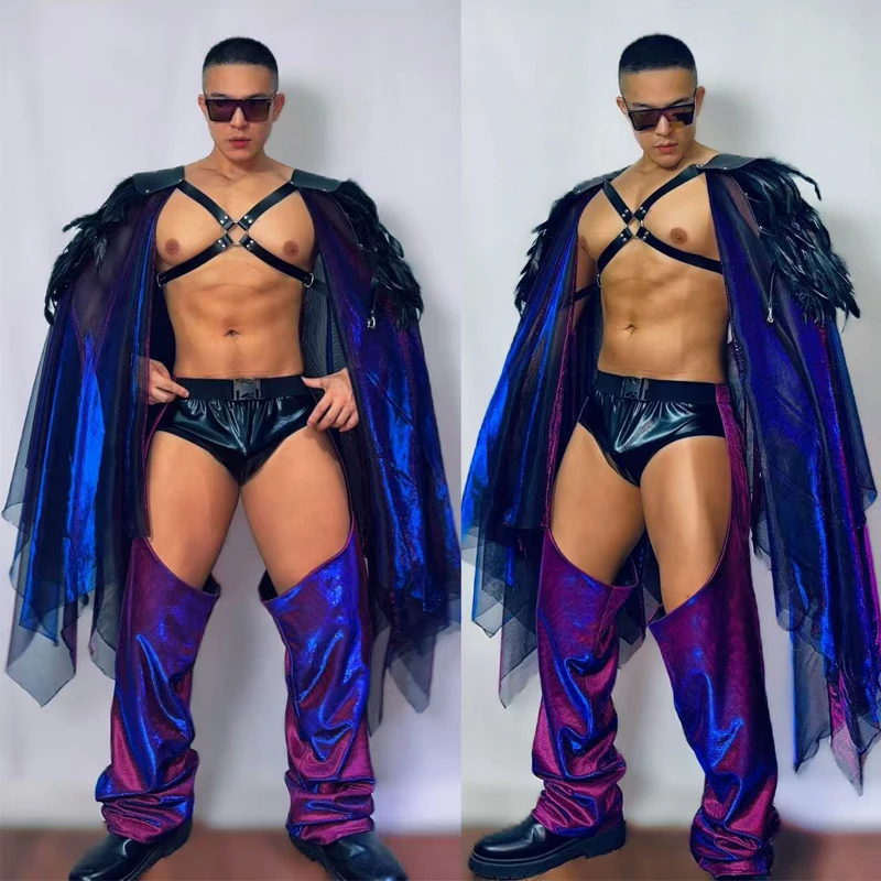

Мужская одежда для танцев на пилоне, бар, Хэллоуин, ночной клуб, танцевальный костюм Gogo, мужской красочный плащ с перьями, полые брюки, наряд для рейва, XS9943