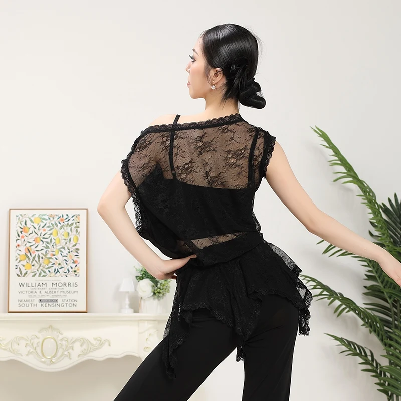 Traje de baile latino para mujer, Top de encaje suelto de verano, Tops negros de manga corta, ropa de entrenamiento de bailarina femenina blanca, ropa de práctica 3811