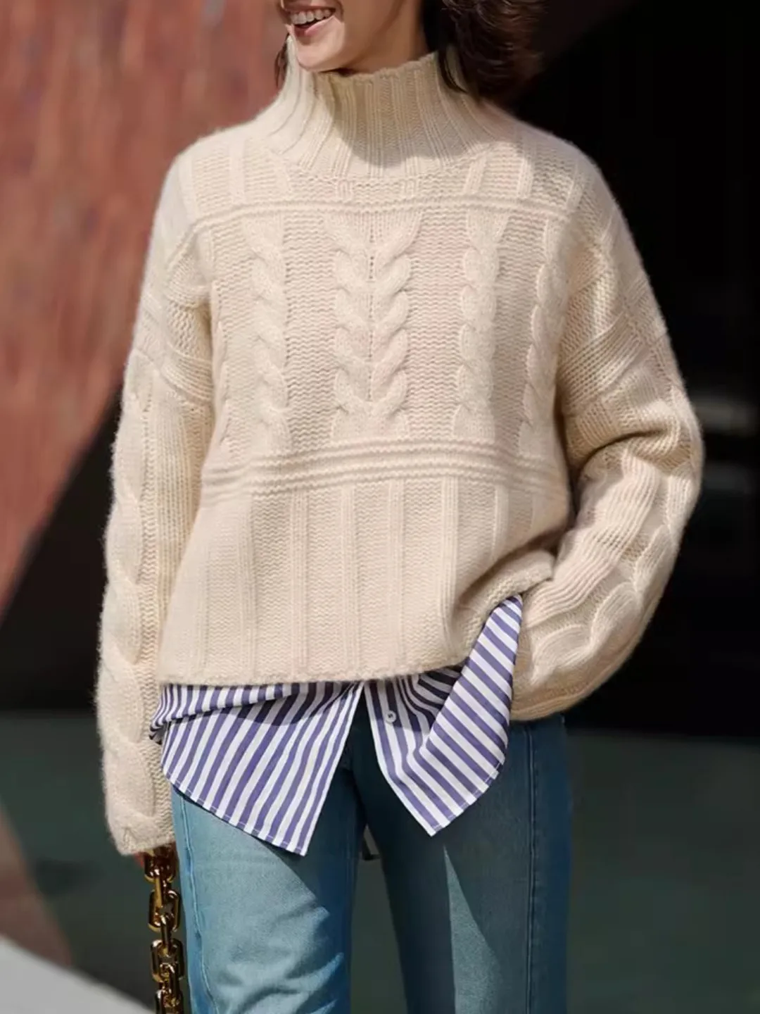 

Ladies High Collar Loose Knitted Sweater Soft Cozy Autumn Winter Faion Casual Sle Slimming Striped Design Comfortable Top