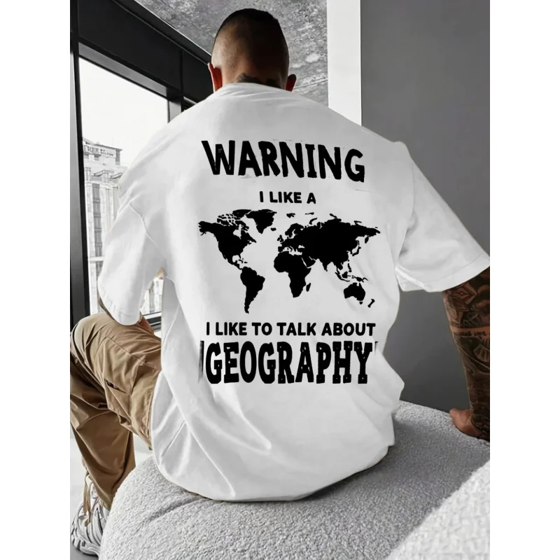 تي شيرت رجالي أسود تحذير أحب خريطة العالم أحب التحدث عن الجغرافيا المطبوعة نمط قطن عالي الجودة 180 جرام
