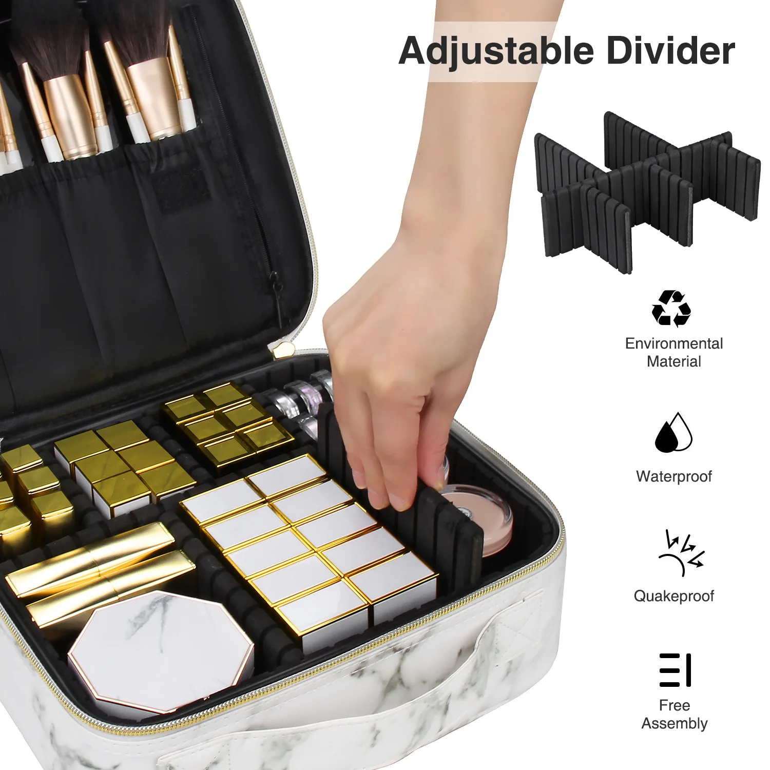 PU leather marble grain makeup case waterproof storage portable professional makeup bag with makeup bag