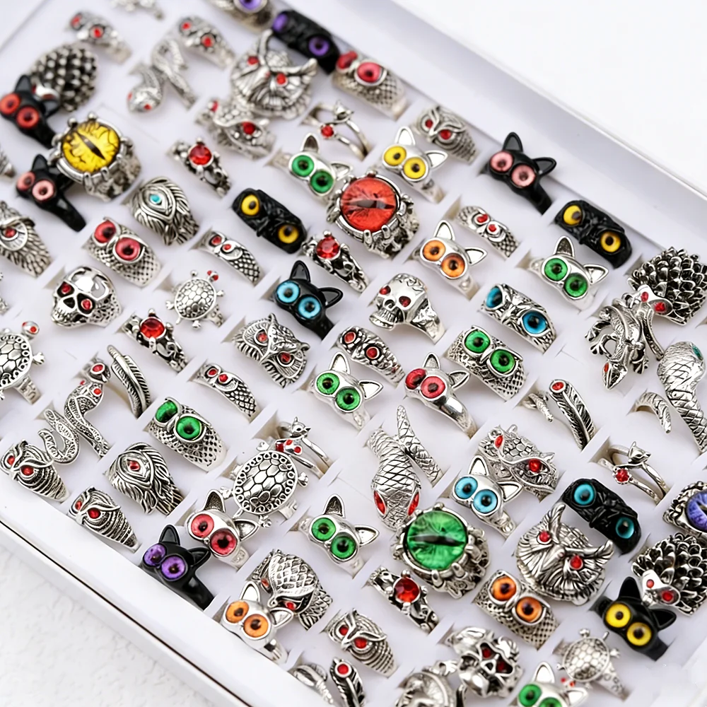 Juego de 10/20/30/50 Anillos Punk Retro con Ojo de Búho para Hombre y Mujer, Estilo Mixto Vintage, Anillo Abierto de Calavera y Dragón, Joyería, Regalos para Fiestas
