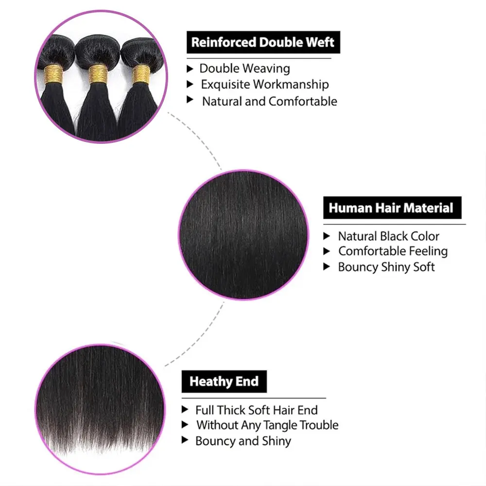 Extensiones de cabello liso largo brasileño de 14-32 pulgadas, 1/3/4 ofertas de extensiones, 100% extensiones de cabello humano virgen sin procesar, Color negro Natural