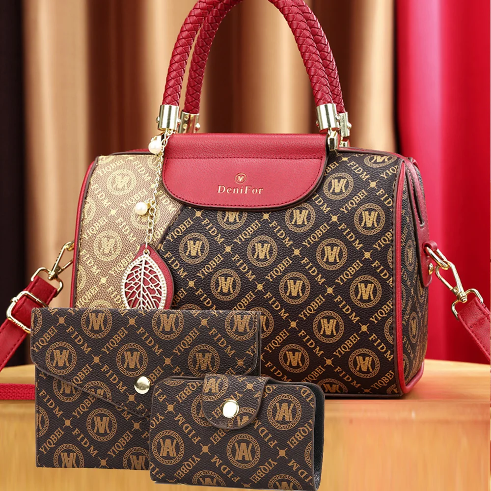 Elegant Fashion Women\'s Bag Set, 3-Piece European Style Tote and Wallet Combo, Geometric Pattern Faux Leather Handbag with Zip C
