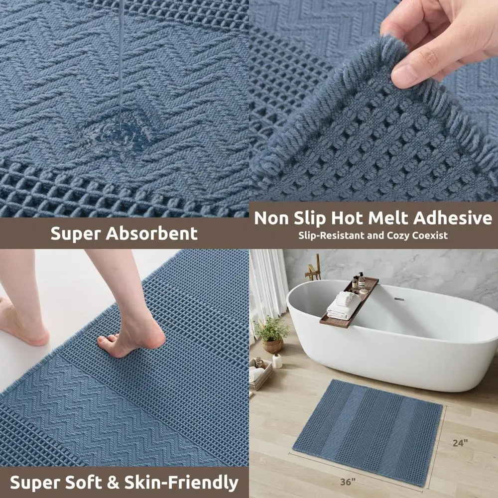 

Boho Style Non-Slip Super Absorbent Bath Mat, Soft with Tassels, 24x36 Blue