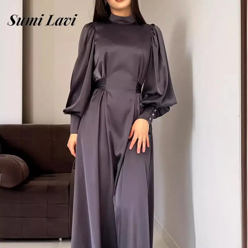 

Женское повседневное драпированное вечернее платье с длинными рукавами, 2022, офисное элегантное однотонное атласное платье, модное длинное платье с круглым вырезом и высокой талией