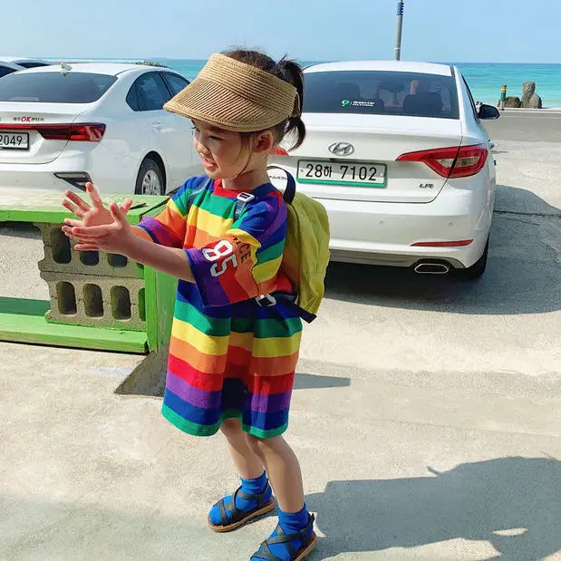 2023 Summer New Fashion Parent-child Dress Mother and Daughter Dress Rainbow Striped Short-sleeved Dress Boutique Clothing