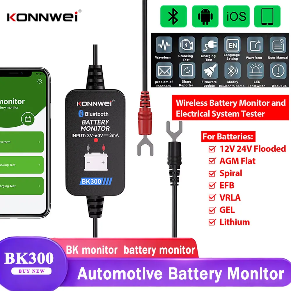 

KONNWEI BK300 Bluetooth Автомобильный аккумуляторный монитор Инструмент 6 В/12 В/24 В Тестер аккумуляторов с мобильным приложением для автомобилей, автофургонов, мотоциклов, грузовиков и лодок