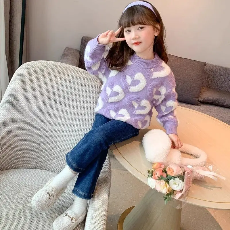 【2025 New】Kids Autumn Winter Thickened Heart-Knit Sweater Base Layer for Girls Cozy & Trendy Children's Knitwear