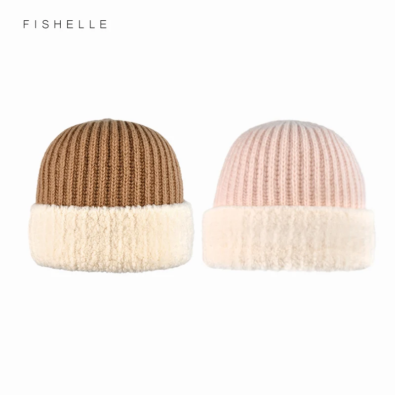 2022 New Warm Lamb Wool Cap with Wool Edge Women\'s Winter Knitted cap Pullover Hat for girl boy