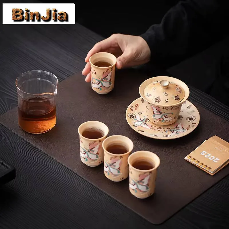 

Antique Dunhuang Nine Color Deer Ceramic Tea Set Complete Boutique Ceremony Teapot And Cup Cha Collection Ornaments Ceaft