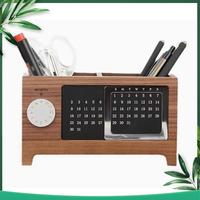 (NEW) Wooden Calendar Pen Holder Multifunctional Desktop Organizer Stationery Pencil Storage Box Remote Control Storage Box