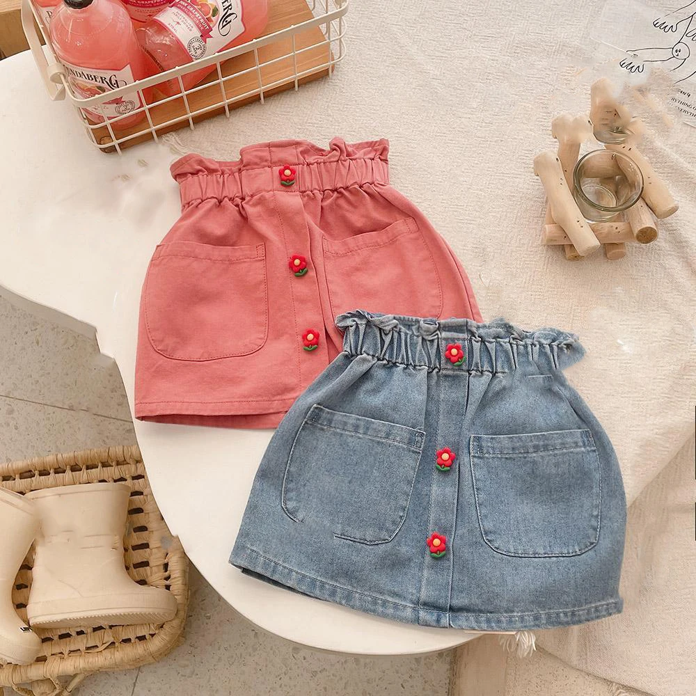 All-Match Girl\'S A-Line Denim Skirt Spring And Summer New Clothes Baby Flower Button Denim Skirt Children\'S Princess Short Skirt