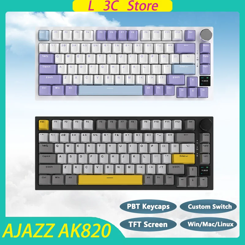 AJAZZ AK820 프로 게임용 기계식 키보드, RGB 트라이 모드 75% 개스킷 장착 블루투스 5.1/2.4G 무선 C 타입 TFT 스크린 사용자 정의 