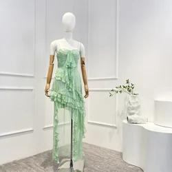 Tie-dyed Green Silk Dainty Crystals Asymmetric Hem Ruffles Patchwork Sweetheart Neck Sleeveless Women Dresses for Evening Party