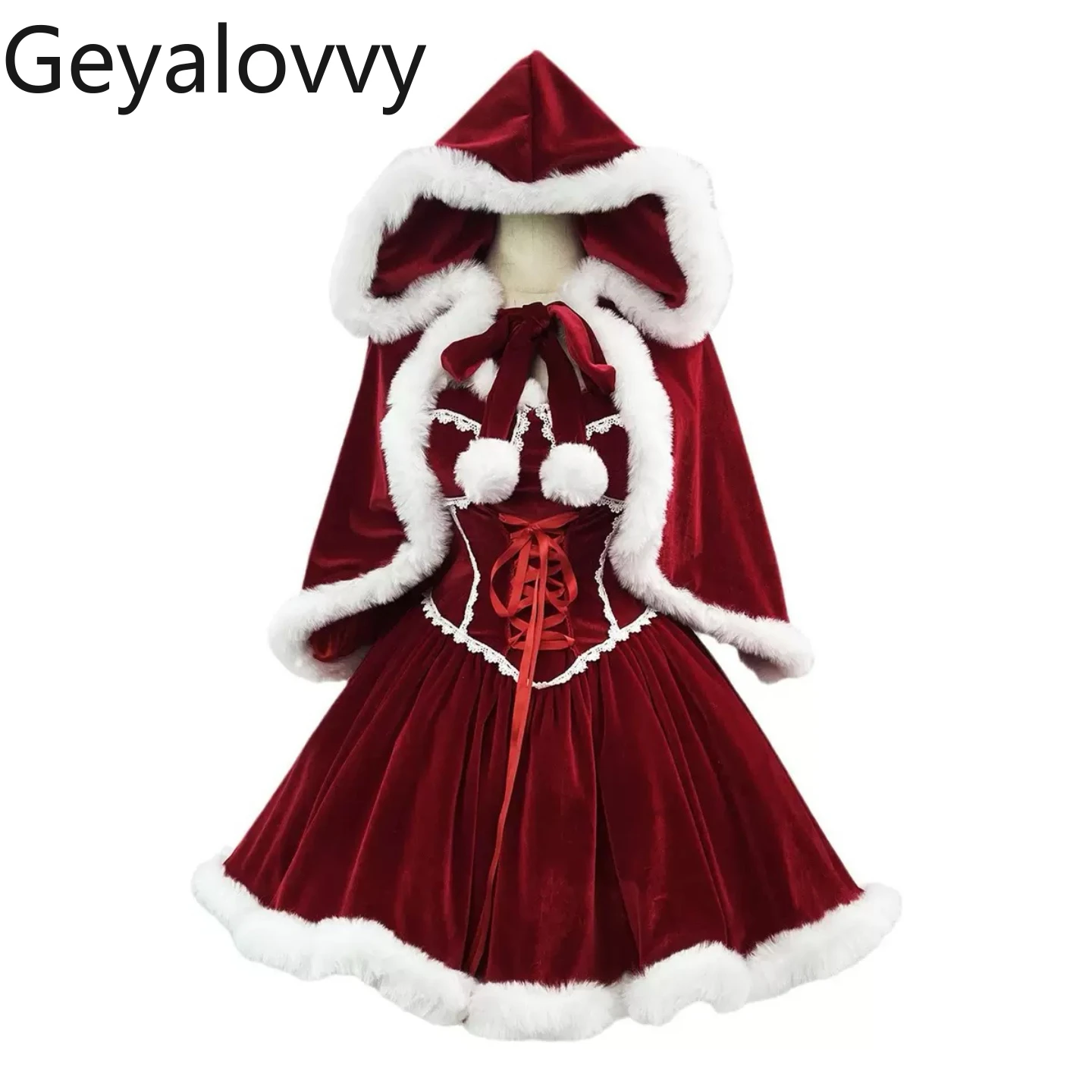 

Christmas Outfit Autumn Winter New Sweet Cute Lolita High Waist Strapless Dress Off-Shoulder Red Puff Dress and Lace-Up Cape Set