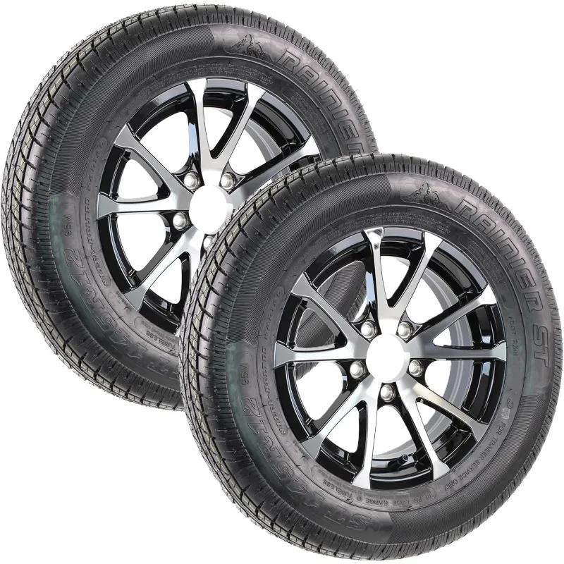 

2-Pack Aluminum 5 Lug Trailer Wheel 145/R12 Radial Load Range D Tire 12 in Black Rim ST145/R12-6 Year Warranty w/Free