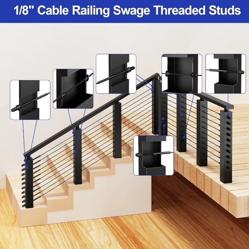 2025 60 pacote 6 "longo 1/8" preto swage t316 aço inoxidável, 1/8" terminal rosqueado swage preto para 4x4, 2x2 poste de metal de madeira