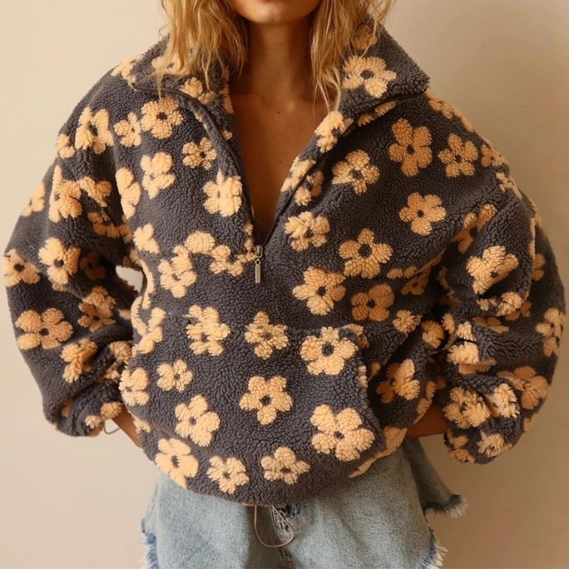

Deeptown Floral Print Faux Lambswool Women's Hoodies Long Sleeve Pocket Half Zipper Sweatshirts Loose Casual Commute Autumn