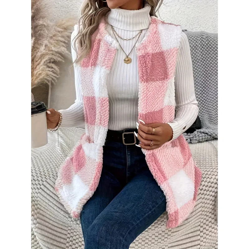 Damska kamizelka bez guzików z dwustronnego pluszu w kratę na zimę 2025, z kieszeniami, w stylu casual.