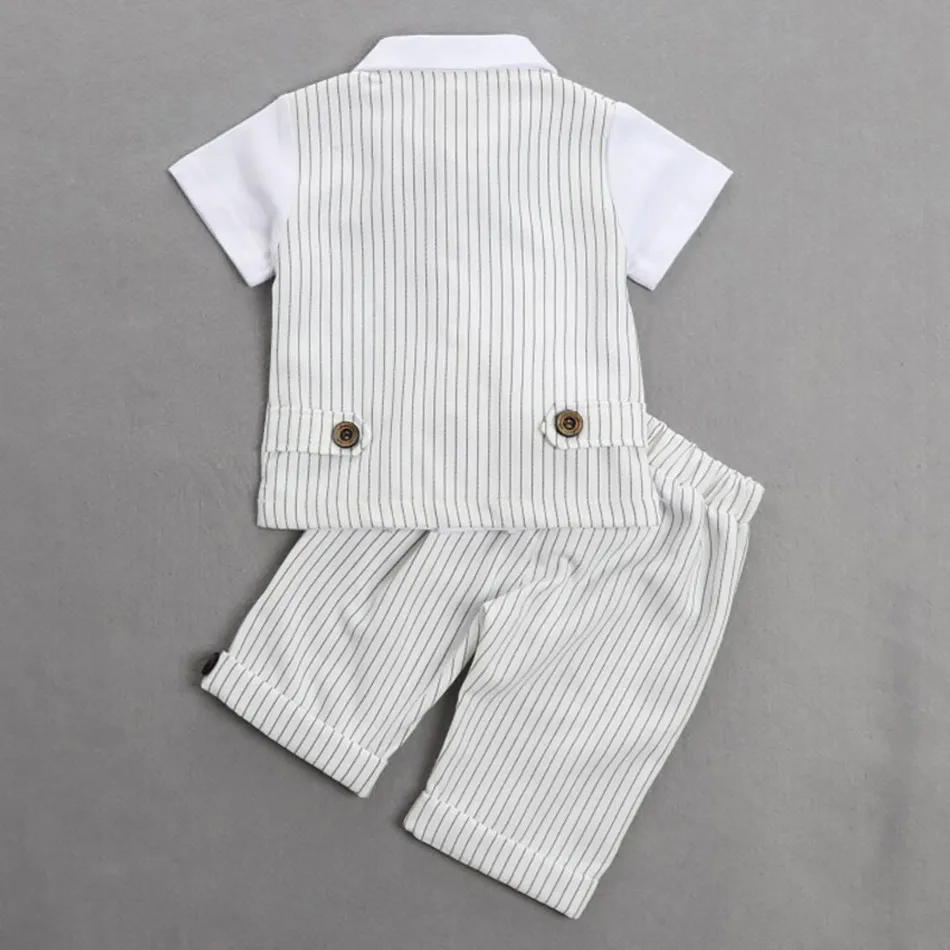 Children's Solid Color Striped Fashionable Short Sleeved Gentleman Set Comfortable and Breathable Bow Detachable Children's Set