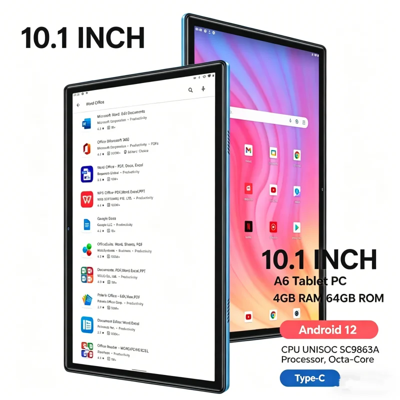 10.1 INCH T10 Android 12 A6 Tablet PC 4GB RAM 64GB ROM CPU UNISOC SC9863A Processor, Octa-Core Cortex-A53 Type-C