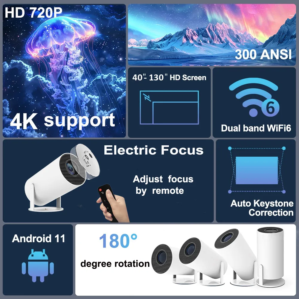 DITONG HY300 Plus HD Projector portatil 4K 1280x720P Android 11 Wifi6 LED Video Home Theater Cinema mini Proyector Movie